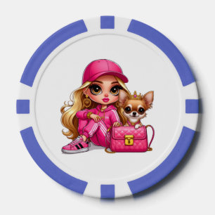 Rosa Modepuppe und Welpen-Plüschdecke Pokerchips