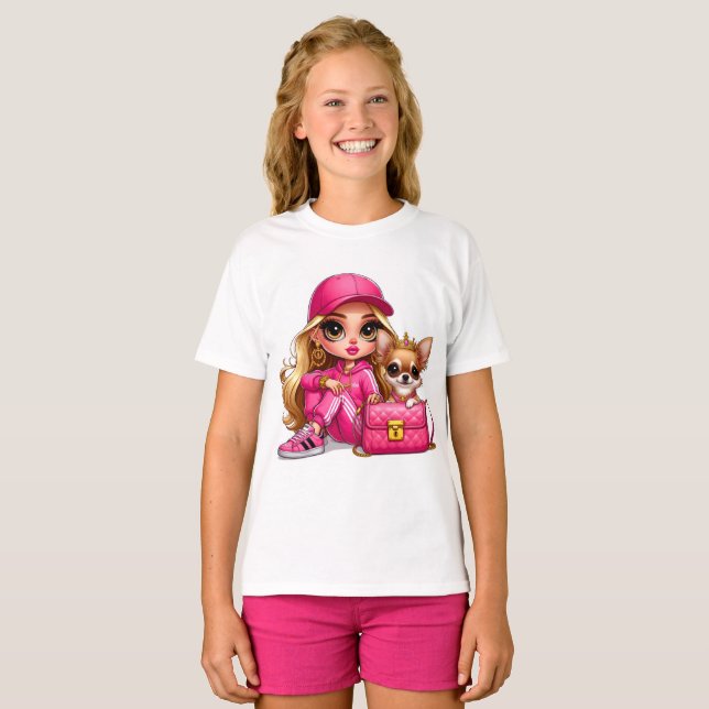 Rosa Modepuppe und Welpen-Plüschdecke T-Shirt (Vorne ganz)