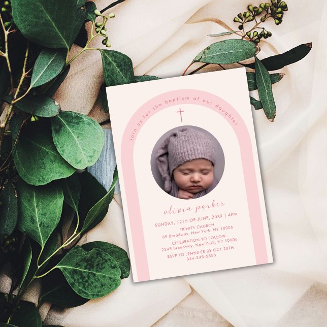 Rosa Modern Boho Arch Cross Girl Foto Taufe Einladung (Pink Modern Boho Arch Cross Girl Photo Baptism Invitation)