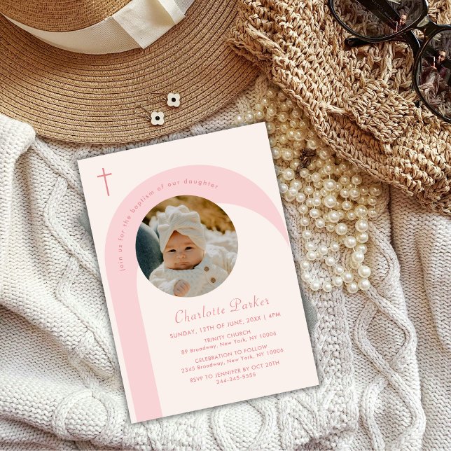 Rosa Modern Boho Arch Cross Girl Foto Taufe Einladung (Pink Modern Boho Arch Cross Girl Photo Baptism Invitation)