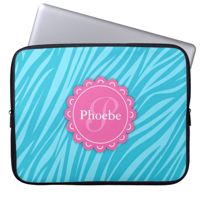Rosa Moderne Blume Monogram Aqua Blue Zebra Print Laptopschutzhülle (Vorderseite)