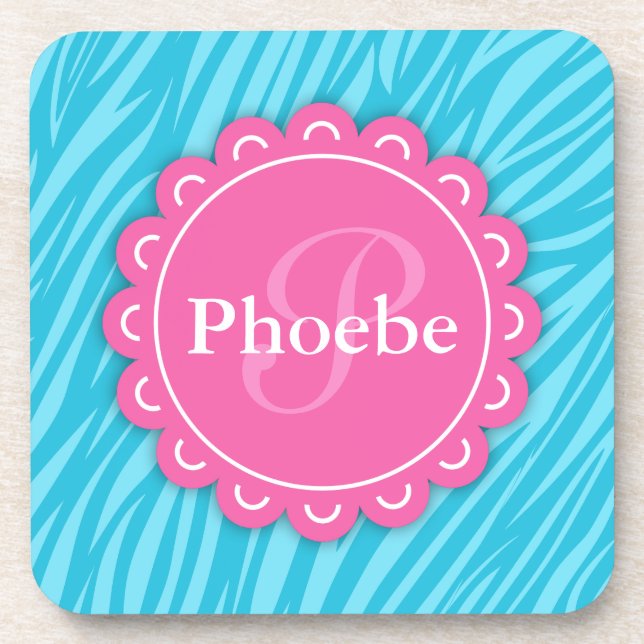 Rosa Moderne Blume Monogram Aqua Blue Zebra Print Untersetzer (Vorderseite)