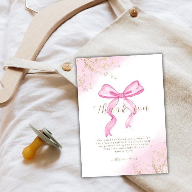 Rosa Moderne Elegante Watercolor Bow Babydusche Dankeskarte (Pink Modern Elegant Watercolor Bow Baby Shower Thank You Card)
