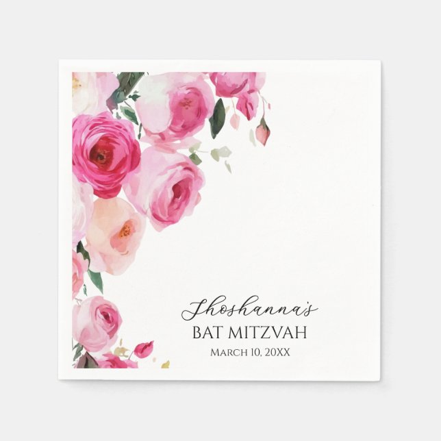 Rosa moderne Floral Bat Mitzwa  Serviette (Vorderseite)