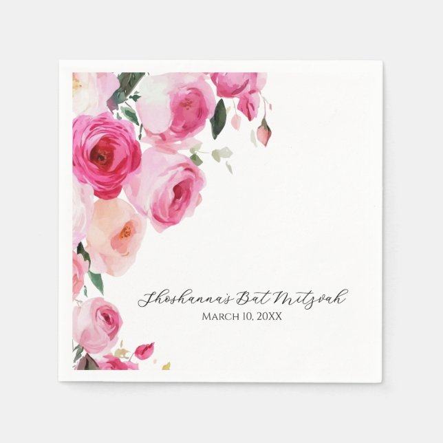 Rosa moderne Floral Bat Mitzwa  Serviette (Vorderseite)