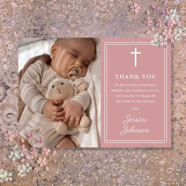 Rosa moderne Foto-Taufe Dankeskarte (Pink Modern Photo Baptism Christening Thank You Card)