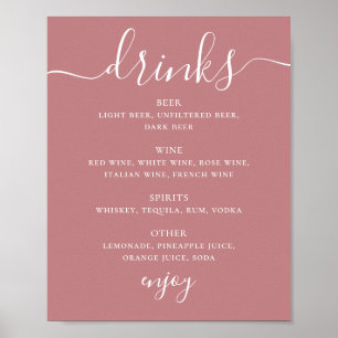 Rosa moderne Schrift Hochzeitsgetränke Bar Menü Poster