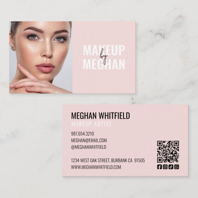 Rosa moderne soziale Icon-QR-Code-Foto-Makeup Visitenkarte (Vorne/Hinten)