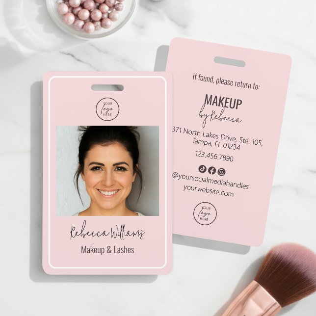 Rosa moderner Foto-Logo-Make-up-Mitarbeiterabzeich Ausweis (Modern and elegant blush pink with space for a staff photo and your business detail to the reverse)