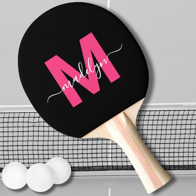 Rosa moderner Namensmonogramm Tischtennis Schläger (Pink Modern Script Name Monogram Ping Pong Paddle)