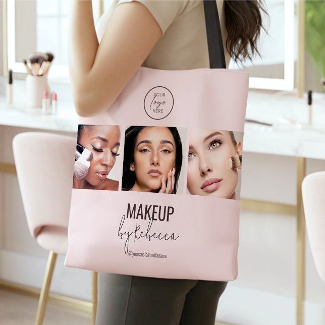 Rosa Modernes 3-Foto-Makeup-Studio-Logo (Modern blush pink design with 3 photo slots for your model photography)