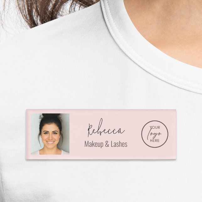 Rosa Modernes Foto-Logo-Make-up-Studio  Namenschild (Modern blush pink design with script typography, modern text and space for staff photo and your logo)