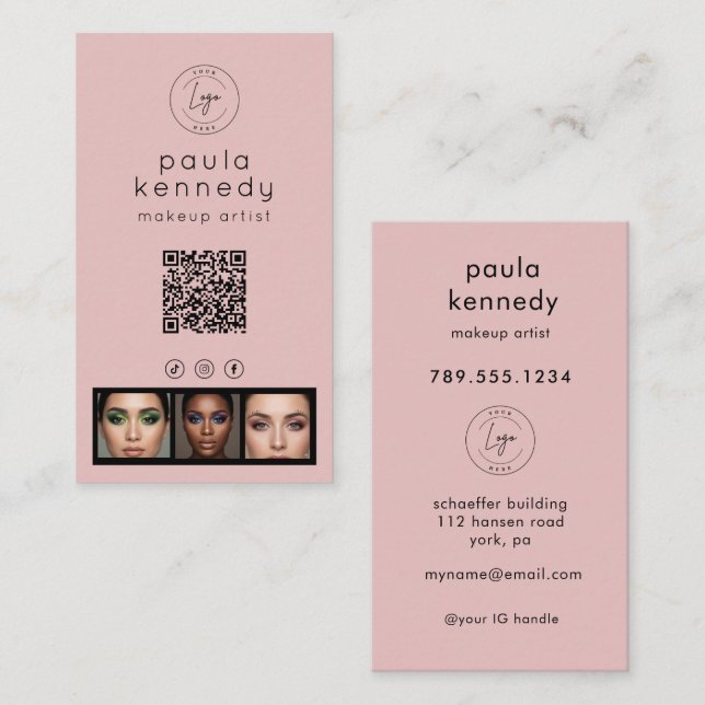 Rosa Modernes Foto-Logo QR-Code Visitenkarte (Vorne/Hinten)