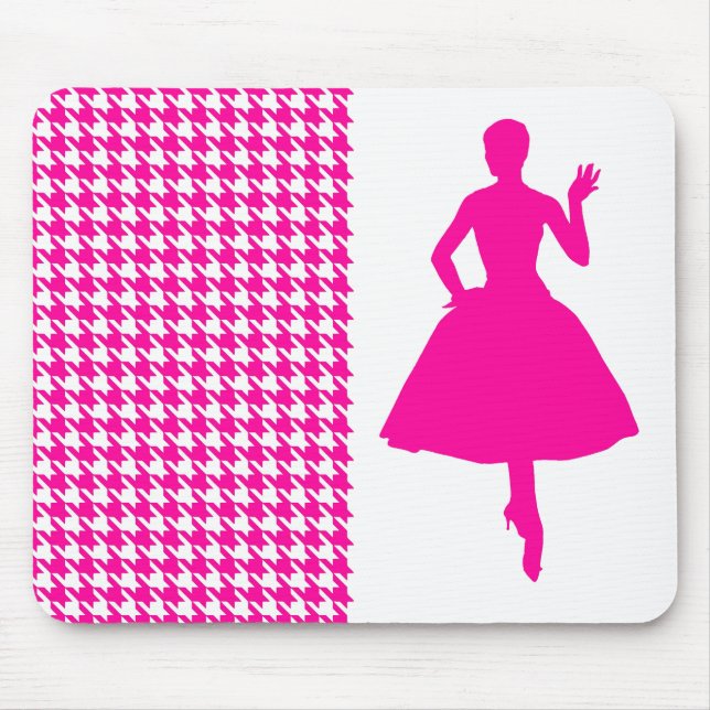 Rosa Modernes Hahnentrittmuster mit Mode-Silhouett Mousepad (Vorne)