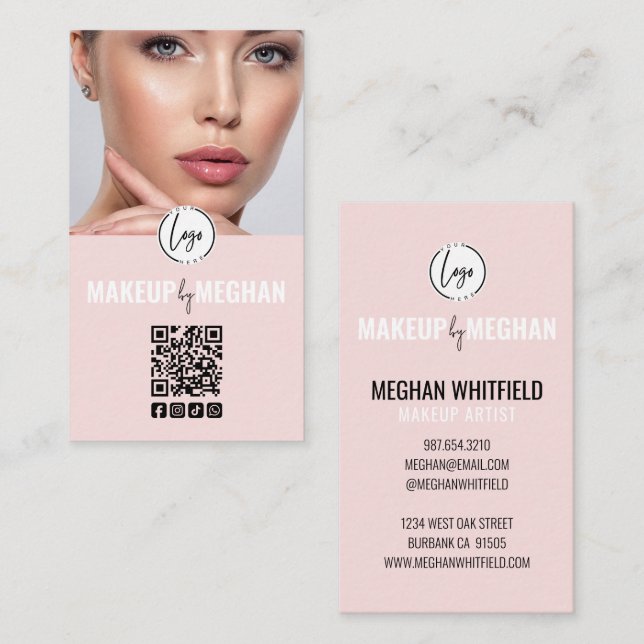 Rosa modernes Logo QR-Code Foto Make-up Geschäft Visitenkarte (Vorne/Hinten)