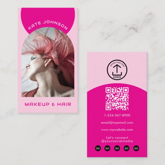 Rosa modernes Make-up-Haar-Bogen-Foto-QR-Code-Logo Visitenkarte (Vorne/Hinten)