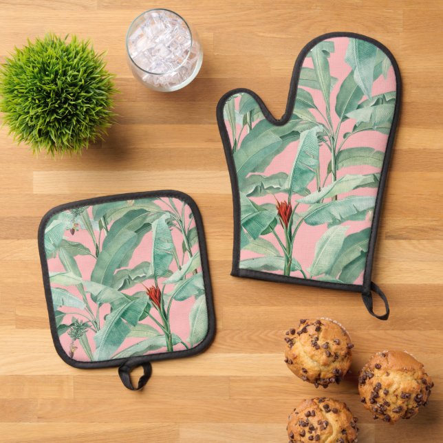Rosa Modernes tropisches Bananenpalme Blätter Ofenhandschuh & Topflappen-Set (Oben Unten)