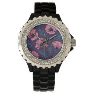 Rosa Mohn auf dunkelviolett Armbanduhr