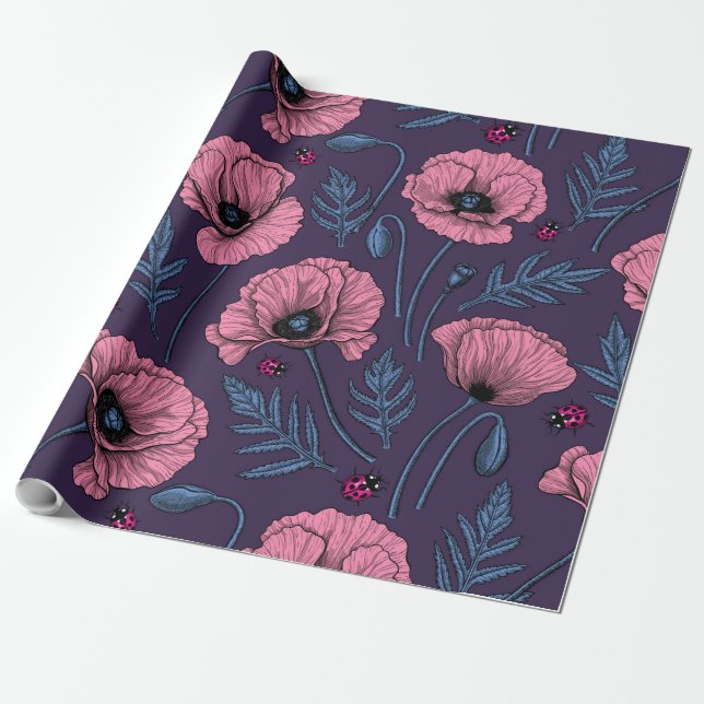 Rosa Mohn auf dunkelviolett Geschenkpapier (Ungerollt)