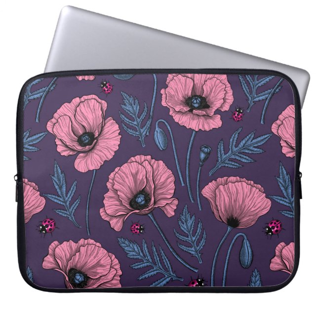 Rosa Mohn auf dunkelviolett Laptopschutzhülle (Vorderseite)