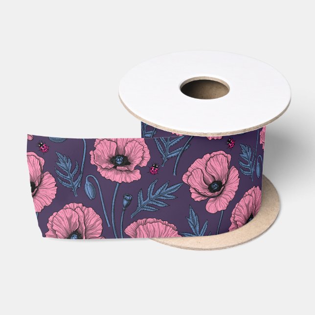 Rosa Mohn auf dunkelviolett Satinband (Spule)