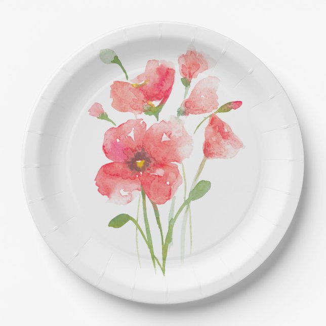 Rosa Mohn Wasserfarben Papierplatte Pappteller (Vorderseite)