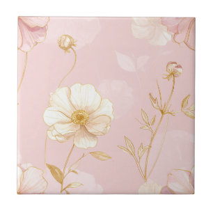 Rosa Mohnblumen-Blumenprint mit goldenen Akzenten Fliese