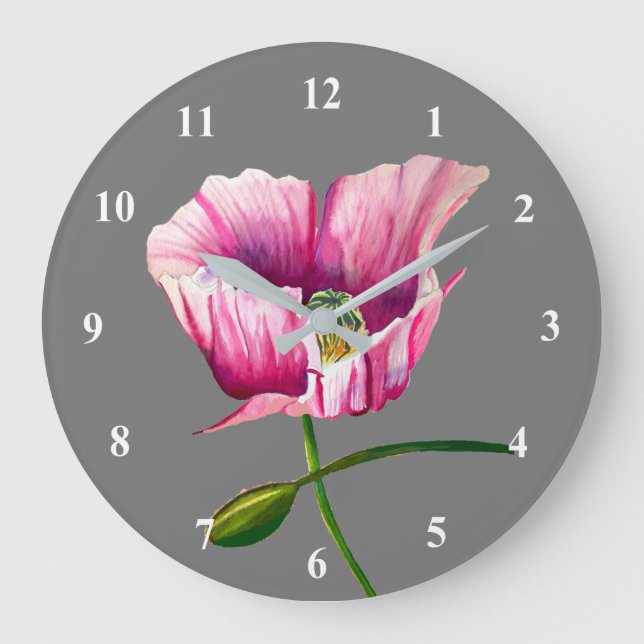 Rosa Mohnfarben Blume Art Große Wanduhr (Vorderseite)
