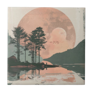 Rosa Mond Sage Mountain Wald See Landschaft Fliese