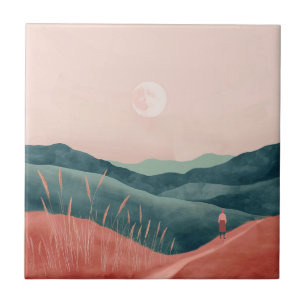 Rosa Mond Teal Boho Berglandschaft Fliese