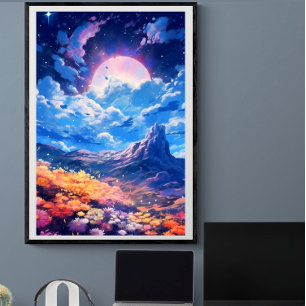 Rosa Mondlandschaft am Nachthimmel Poster