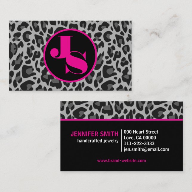 Rosa Monogram Classic Leopard Print Rockabilly Visitenkarte (Vorne/Hinten)