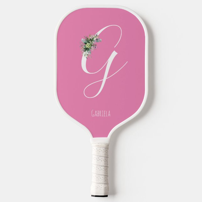 Rosa monogramm Aquarell-Blume Pickleball Schläger (Rückseite)