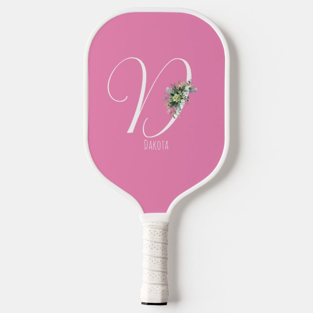 Rosa monogramm Aquarell-Blume Pickleball Schläger (Rückseite)
