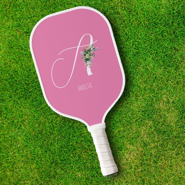 Rosa monogramm Aquarell-Blume Pickleball Schläger (Von Creator hochgeladen)