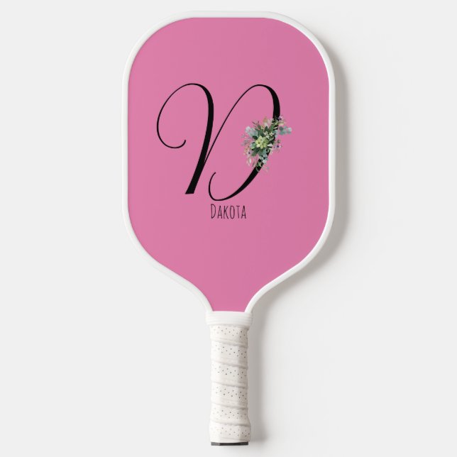 Rosa monogramm Aquarell-Blume Pickleball Schläger (Vorderseite)