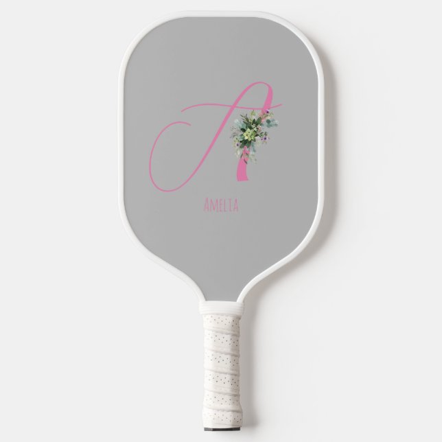 Rosa Monogramm Aquarellfarbe Blume grau Pickleball Schläger (Vorderseite)