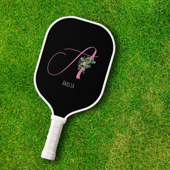 Rosa Monogramm Aquarellfarbe Blume schwarz Pickleball Schläger (Von Creator hochgeladen)