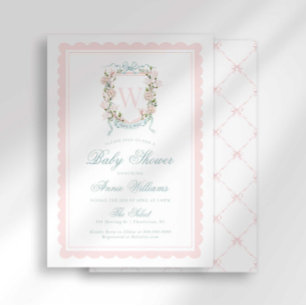 Rosa Monogramm-Babyparty mit Schleifen-Krest Einladung