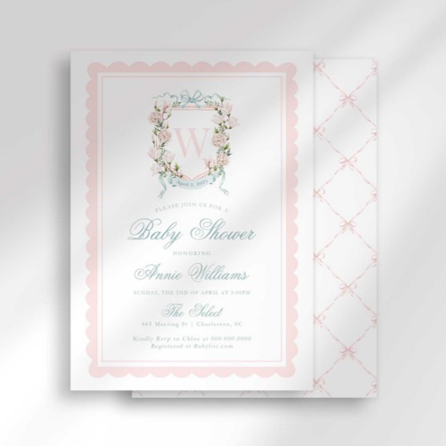 Rosa Monogramm-Babyparty mit Schleifen-Krest Einladung (Von Creator hochgeladen)