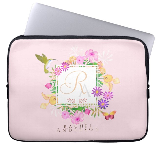 Rosa Monogramm des Blumengartens Laptopschutzhülle (Vorderseite)
