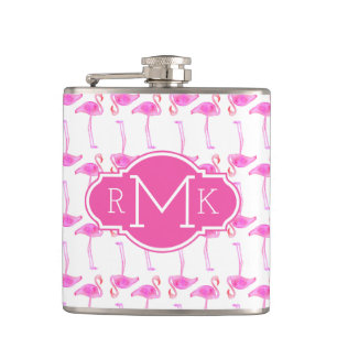 Rosa Monogramm des Flamingo-Muster-  Flachmann
