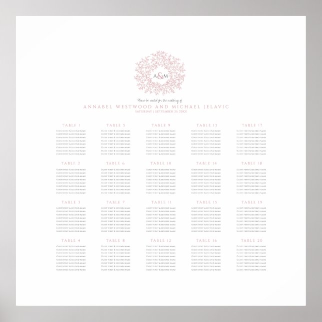 Rosa-Monogramm Hochzeit 20 Tafelsitzkarten Poster (Vorne)