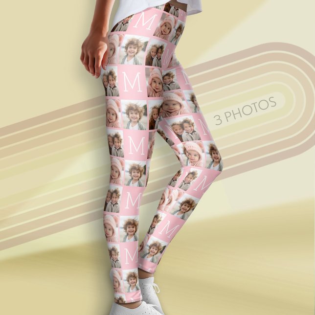 Rosa Monogramm mit benutzerdefinierten 3 Fotomater Leggings (Custom Photo Leggings)