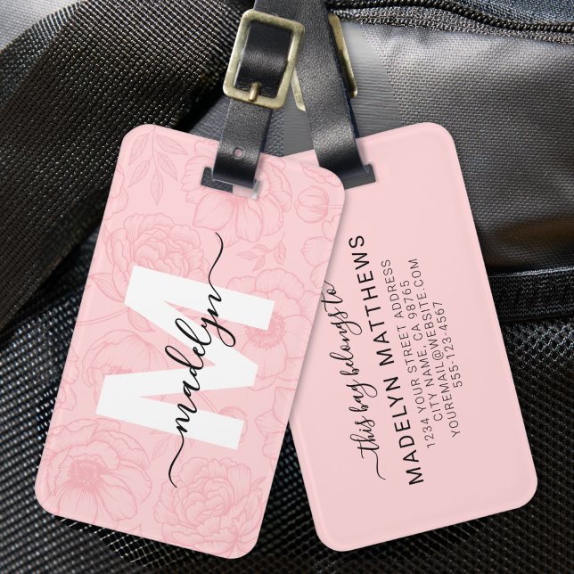 Rosa Monogramm mit Blüten Gepäckanhänger (Blush Pink Girly Flowers Monogram Name Luggage Tag)