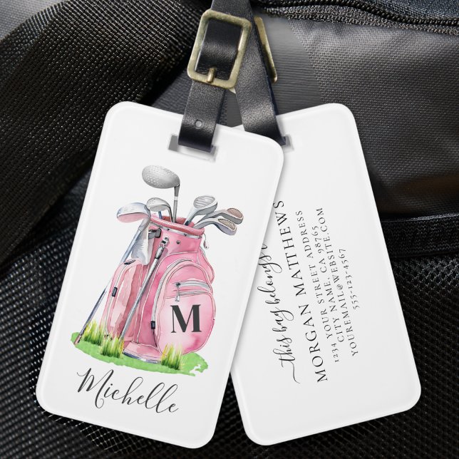 Rosa Monogramm Name Golf Gepäckanhänger (Pink Monogram Name Golf Luggage Tag)