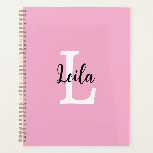 Rosa Monogramm-Name-Skript personalisiertes Design Planer (Vorderseite)