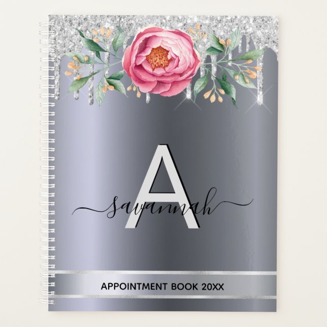 Rosa Monogramm-Termine für den Silber-Glitzer Planer (Vorderseite)