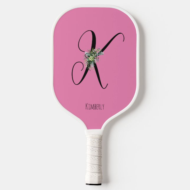 Rosa monogramm Wasserfarben-Blume Pickleball Schläger (Rückseite)