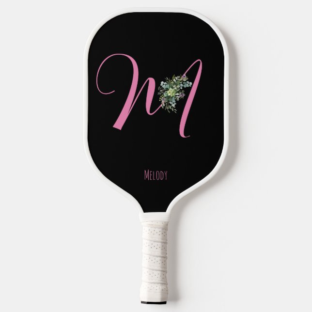 Rosa monogramm Wasserfarben-Blume Pickleball Schläger (Rückseite)